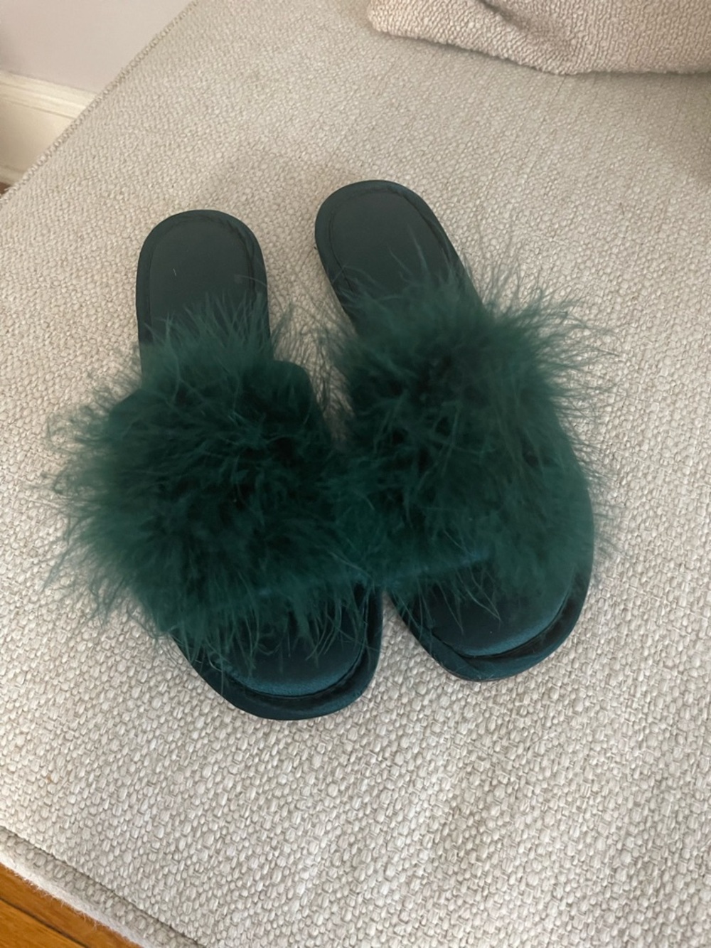 Feather Trim Slide Sandals in Deep Green - Women's